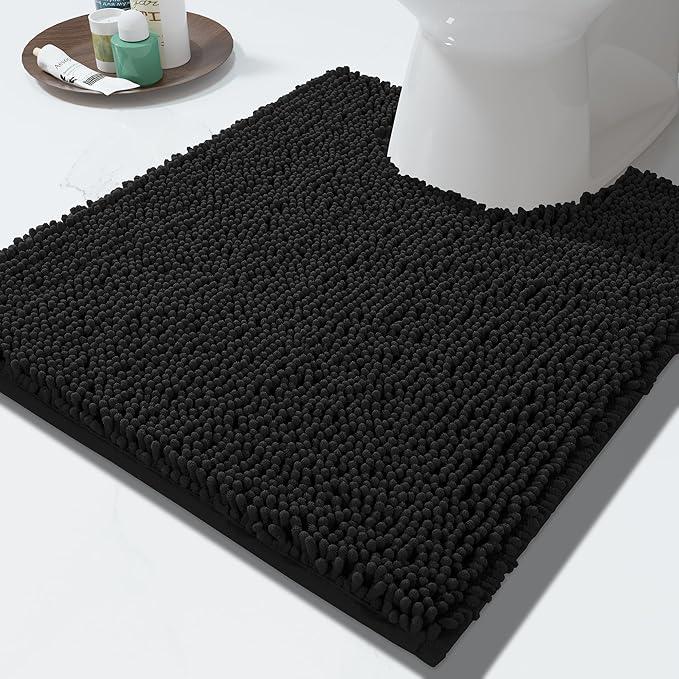 Toilet Rug Non Slip Plush Bathroom Floor Mat U Shaped Washable Contour Rug for Toilet Absorbent Thick Foot Rug, Black