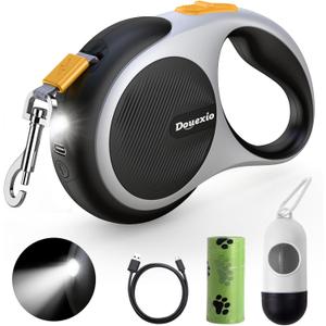 Retractable Dog Leash with LED Flashlight, Douexio Upgrade 3 in 1 Dog Leash Retractable for Small Medium Dogs Up to 66 lbs, 16ft, Anti-Slip Handle (Black-White)
