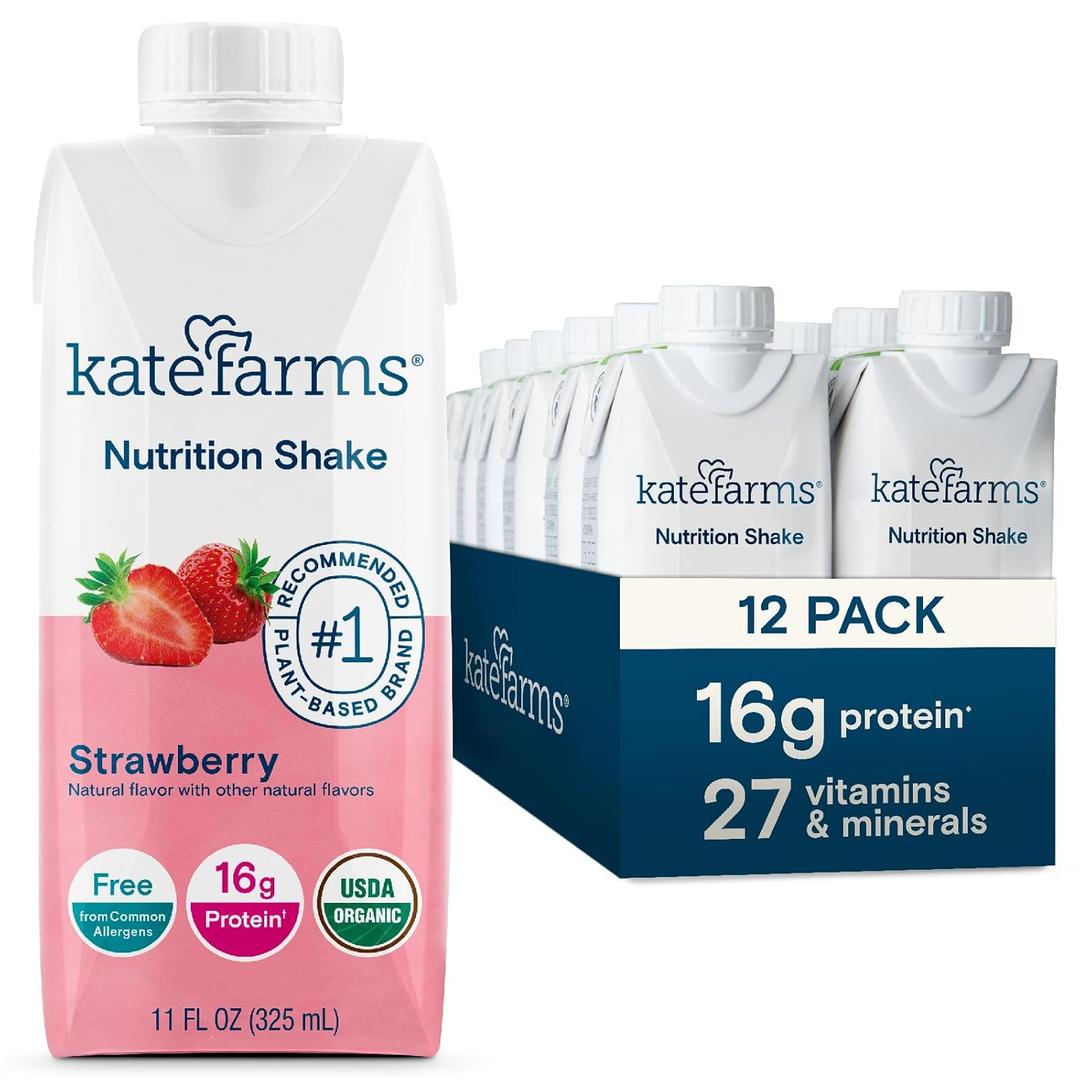 Kate Farms Organic Nutrition Shake, Strawberry, 16g Protein, 27 Vitamins and Minerals, Meal Replacement, 11 oz, 12 Pack