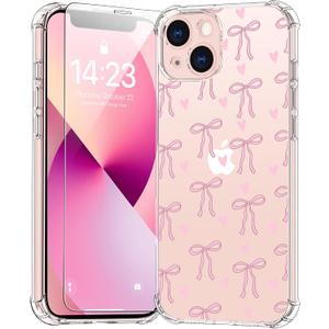 bicol for iPhone 14 Case with Screen Protector,Enhanced Camera Protection,Clear TPU Cover with Trendy Designs for Girls Women,Slim Fit Protective Phone Case,Pink Heart Ribbon Bow
