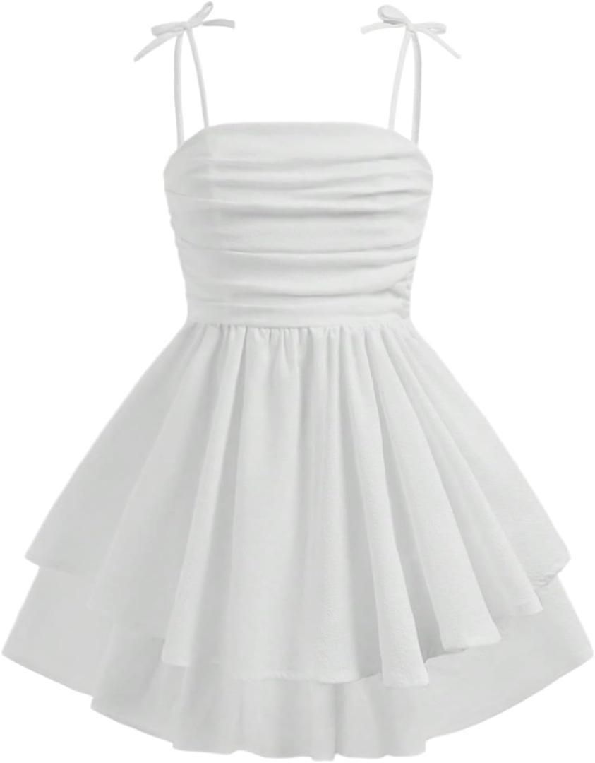 RoseSeek Girl's Flowy Cami Dress Ruched Sleeveless Pink Layered Ruffle Kawaii Short Smocked Summer Dresses (White), Size 5 Years Old