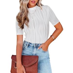 Womens Summer Tops Trendy Textured Mock Turtleneck Short Sleeve Casual Business Work Top Tee Blouses, XL, White