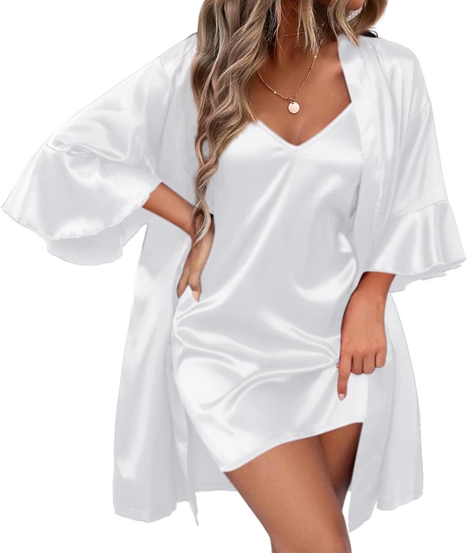 Ekouaer Women's Silk Robe Set V-neck 2 Piece Bridal Party Robes and Satin Bathrobe Set with Pockets (White, L)