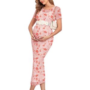AISWI Maternity Mesh Dress Ruched Side Round Neck Pregnancy Dresses Baby Shower Wedding Guest Cocktail Party