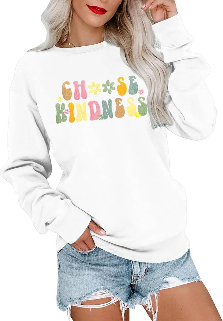 MOUSYA Kindness Heart Sweatshirt Love Heart Graphic Tees Inspirational Sweatshirt Be Kind Tops (White, S)