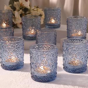 Blue Votive Candle Holder Set of 12, Flower Tea Lights Candles Holders for Wedding Table Centerpieces, Birthday Parties, Home Decor, Blue Bridal Shower and Holiday Decorations