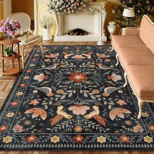 Moynesa Boho Bird Area Rug 9x12, Washable Black Floral Bedroom Low-Pile Soft Playroom Carpet, Jungle Pattern Vintage Indoor Floor Rug for Living Room and Nursery