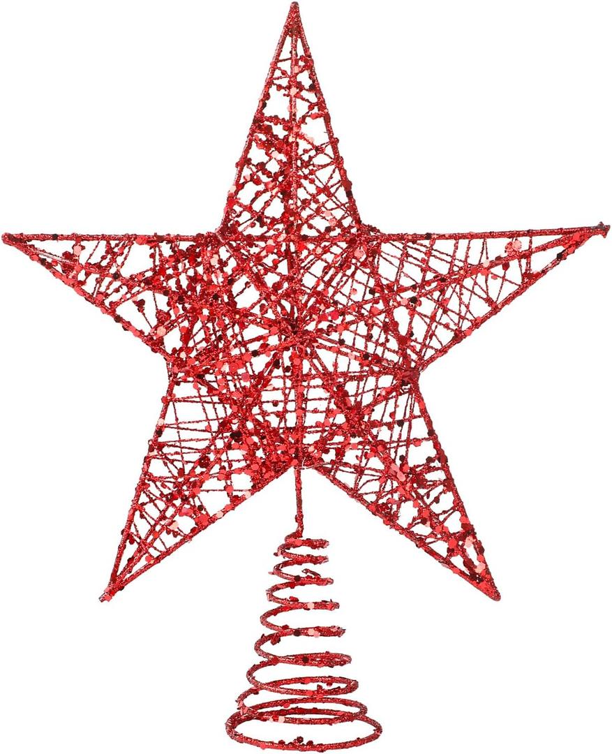DERAYEE Christmas Star Tree Topper, Xmas Red Glittered Treetop Metal Hollow Tree Star for Christmas Tree Decorations, Holiday Party Indoor Decor