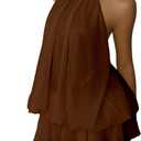 Women's Chiffon Halter Drop Waist Mini Dress Wedding Guest Dresses Ruffle Formal Holiday Club Brunch Outfits (Brown)