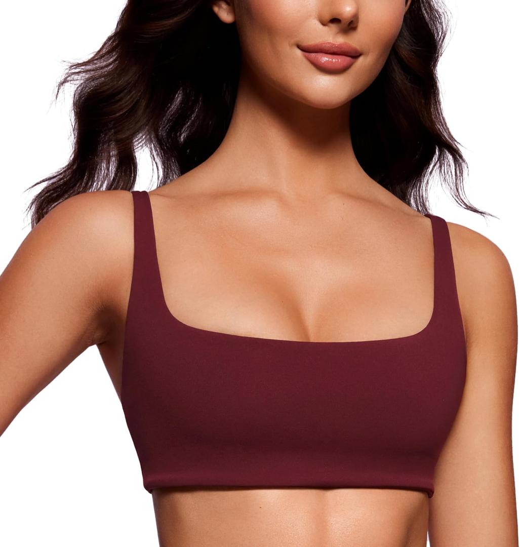 CRZ YOGA Butterluxe Square Neck Spaghetti Strap Sports Bras for Women - Low Coverage Yoga Wireless Padded Cami Crop Top (M)