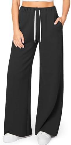 HeSaYep Women's Wide Leg Sweatpants Elastic High Waist Loose Sweat Pants Straight Leg Drawstring Trousers with Pockets (Black, Small)