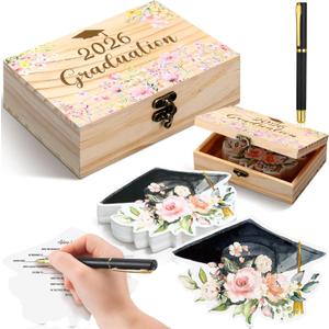 Resurhang 60 Pcs Pink Floral Rose Graduation Wood Card Box Giveaways 2026 for Guests Keepsake Box 2026 Advice and Wishes Cards with Pen Class of 2026 Gifts for The Grad Party Decorations