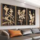 Large Rustic Framed Wall Art - Natural Float Framed Brown Flower Branch Black Canvas Pictures Decor Brown Leaf Artwork Prints for Bedroom Living Room Kitchen Home Office Decoration 72" X 36" Set of 3 (Sepia)