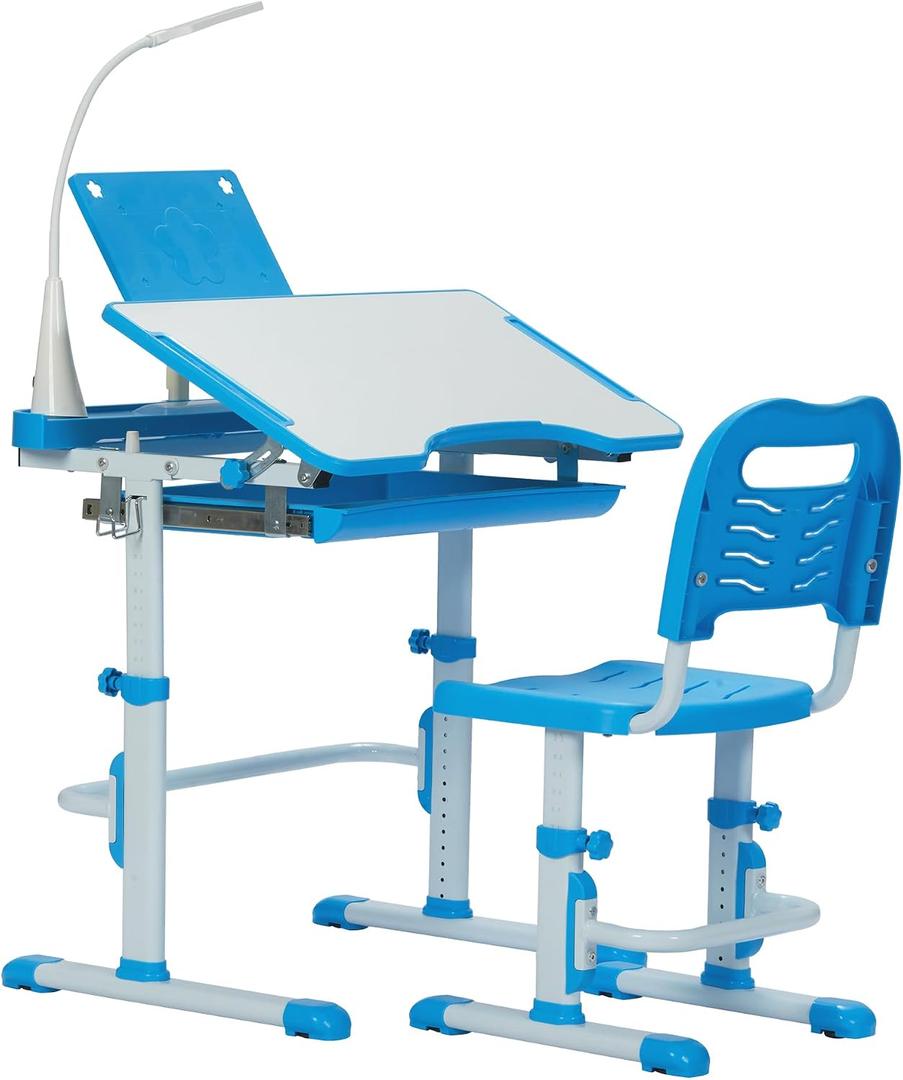 Real Relax Kids Desk and Chair Set, Children's Multifunctional School Tables with Tilt Desktop, LED Light, Metal Hook Blue, Onesize