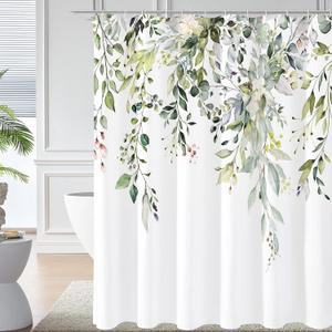 Gibelle Long Shower Curtain 72 x 78, Tall Sage Green Floral Fabric Shower Curtain, Watercolor Plant Eucalyptus Leaves Bathroom Curtains Shower Set