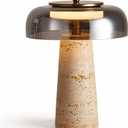 Travertine Lamp, Natural Stone Table Lamps with Glass Shade, 12W Mushroom Bedside Nightstand Light Decor for Bedroom Living Room Office Console Side Entryway Counter Gifts (Smoked Glass+Travertine)