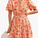 BTFBM Women Summer Floral Short Dresses V Neck Short Sleeve Tiered Ruffle Boho Swing Dress A-Line Mini Dresses, Size M
