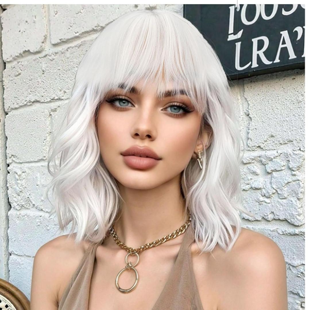 Halloween Short White Wig with Bangs Shoulder Length Cute Bob Wavy Curly Synthetic Hair Wigs with Bang for Women & Girls Use for Halloween Cosplay Party Daily
