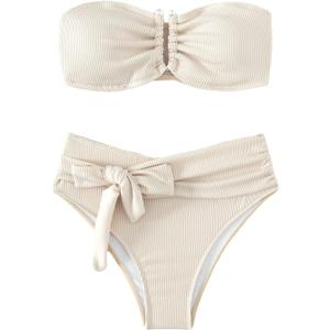 WDIRARA Women's 2 Piece Bikini Set Rib Knit Strapless Knot Front High Waist Swimsuit Set (Medium, Apricot)