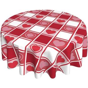 Valentine's Day Round Tablecloth 70x70 Inch, Checkered Love Hearts Tablecloths Stain Resistance Polyester Table Cloth for Holiday Parties Kitchen Dining Indoor Outdoor
