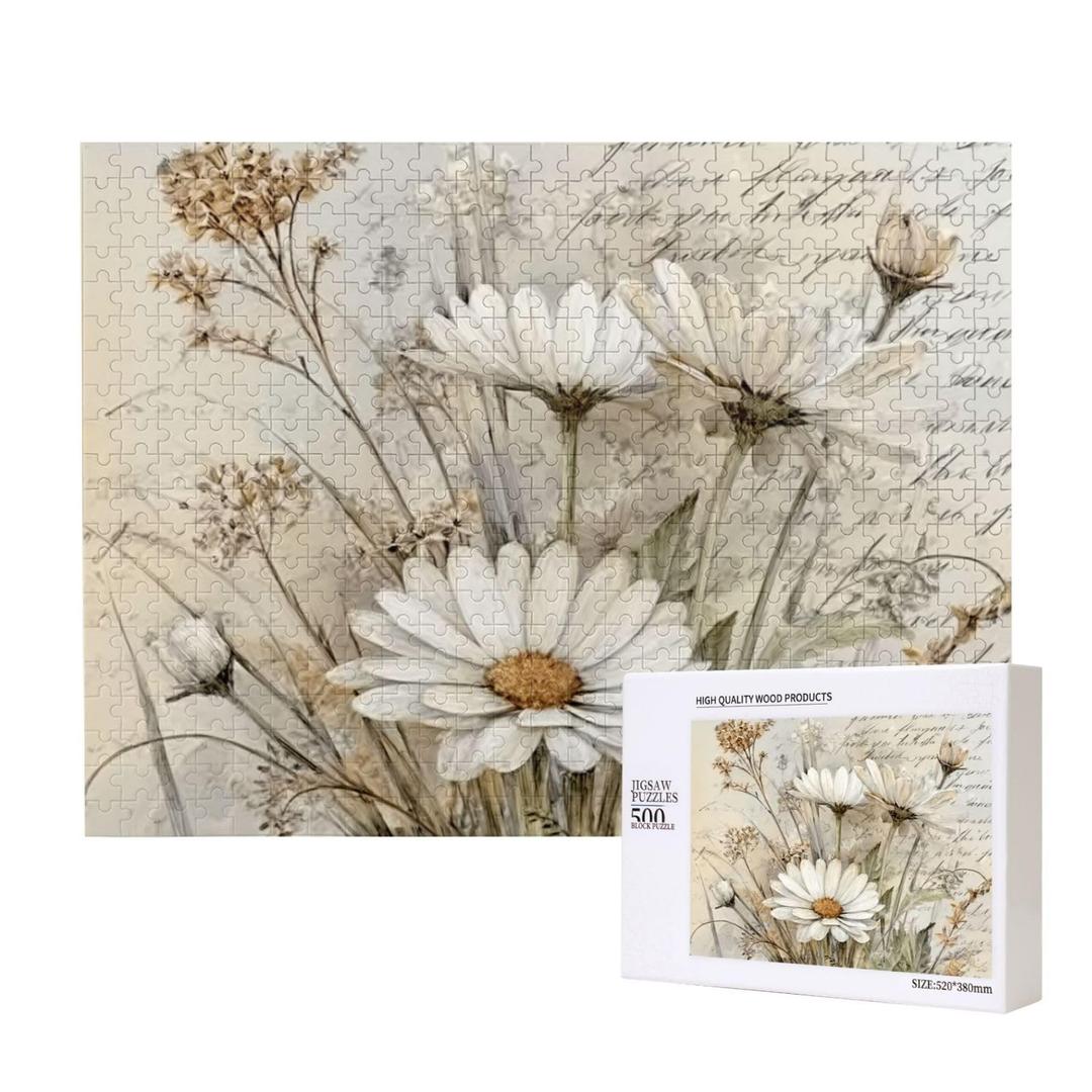 Vintage White Daisies Jigsaw Puzzle for Adults. 500 Pieces Wooden Challenging Puzzles. Ideal for Elegant Home Decor, Game Nights, Release Stress, Gifts. Finished Size is 20.47“ X 14.96”