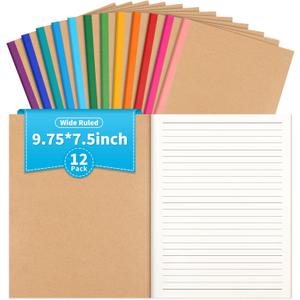 12 Pack Lined Notebook Journals Bulk, 7-1/2" x 9-3/4", Wide Ruled Paper, 30 Sheets/60 Pages, Kraft Cover with Rainbow Spines, 12 Colors Lined Composition Notebook Journal for Work Study Note Taking