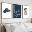 Blue Coastal Cowgirl Canvas Art Posters Western Cowboy Pictures Long Live Cowgirls Wall Art Vintage Cowboy Hats Boots Wall Decor Minimalist Prints Paintings for Bedroom Dorm 12x16 Inch Unframed (Blue and White)