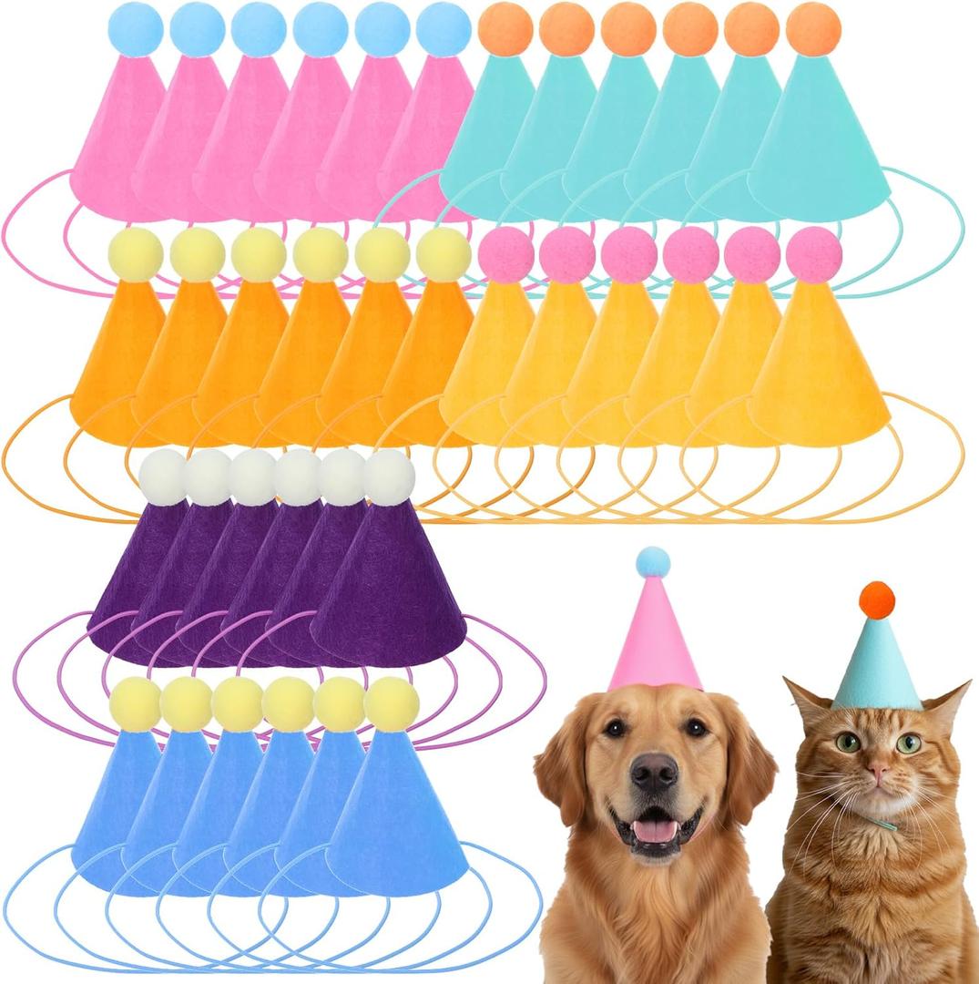 SHENLIU 36 Pcs Mini Party Hats for Stuffed Animals, Birthday Party Cone Hats for Dolls Dog Cat Rabbit Puppies Assorted Animal Birthday Decorations 6 Colors DIY Felt Cone Hat with Pom for Craft