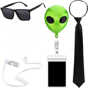 5 Pcs Halloween Agent Alien Costume Accessories Include Black Sunglasses,Balloon.Tie,Badge and Fake Earpiece for Men Women Halloween Dress Up