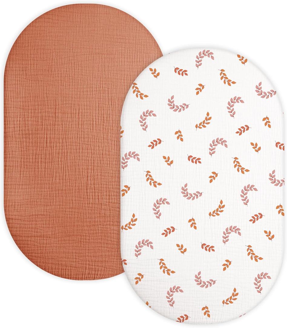2 x Bassinet Sheet for Baby Boy and Girl 2 Pack, Fitted Sheets for Rectangle, Oval, Hourglass Bassinet Mattress, Muslin Moses Basket Sheets with Neutral Style (Brick & Leaf)