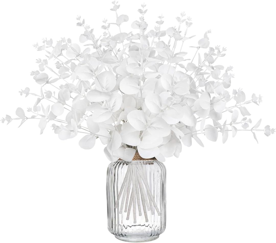 14PCS White Eucalyptus Artificial Faux Flowers for Decoration - Fake Silk Stems in Vase Christmas Holiday Winter Wedding Home Decor