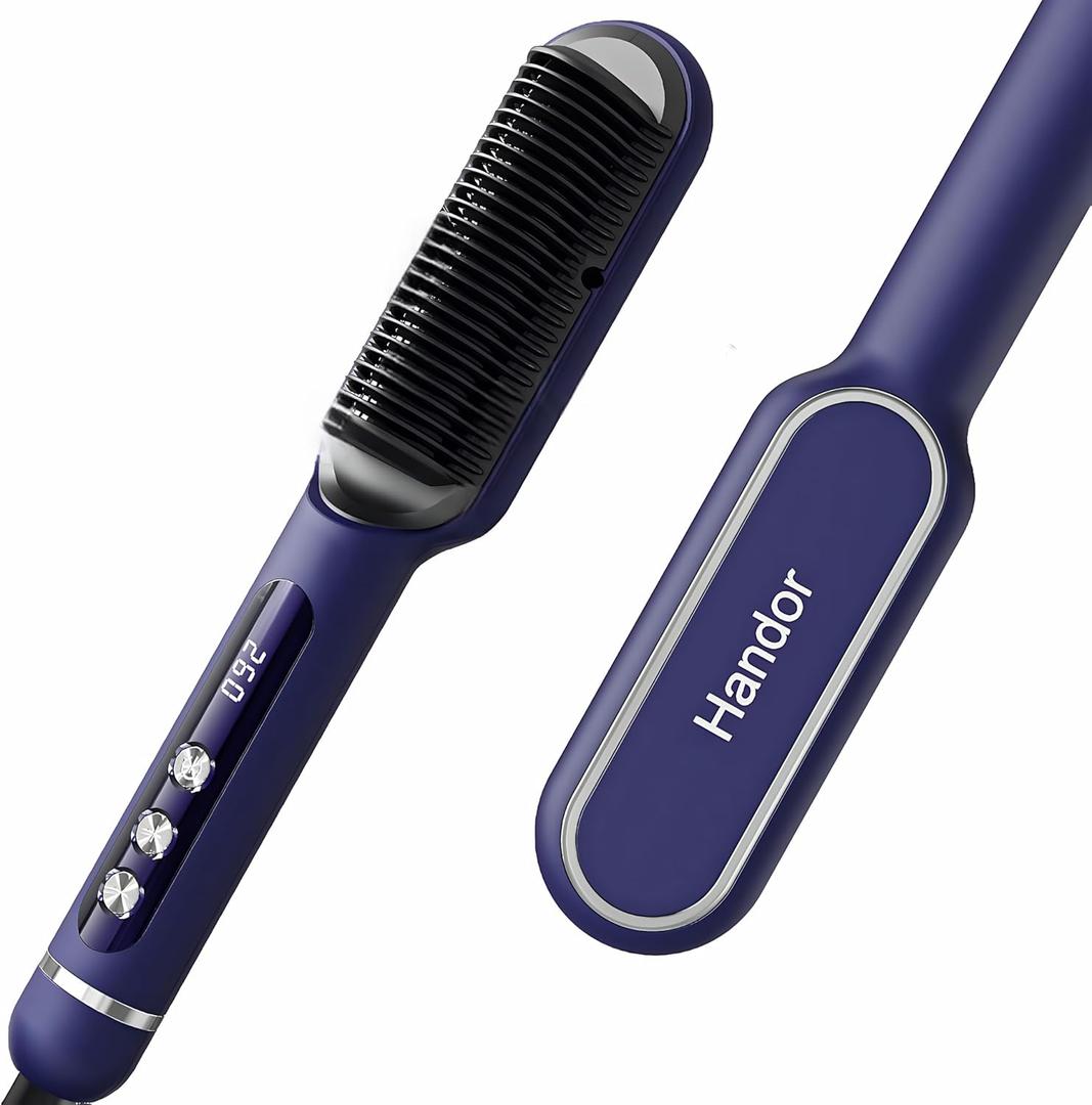Upgraded Ionic Hair Straightener Brush, Straightening Comb for Women with 9 Temp Settings, LED Display, Fast Heating (250F-410F), Dual Voltage,Blue