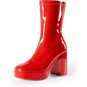 DREAM PAIRS Women's Mid Calf Gogo Boots Platform High Chunky Block Heel Square Toe Ankle Boots (7.5, Red-Pat)