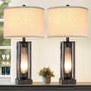 RORIANO Set of 2 Industrial Table Lamps for Living Room with USB C+A, Vintage End Table Lamp for Bedroom with Gray Nightlight, Farmhouse Rustic Desk Lamp for Bedside, 4 Bulbs Included (Iron Gray)