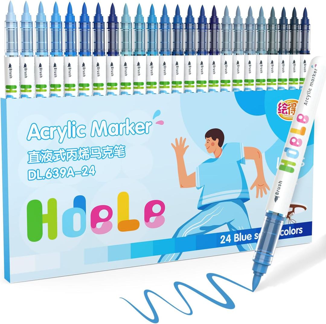 Guangna Blue Acrylic Paint Markers 24 Color, Brush Tip Acrylic Paint Pens for Pumpkin Paint, Christmas Art, Rock Painting, Wood, Glass, Ceramic, Canvas, Stone, DIY Crafts