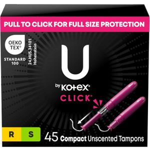 U by Kotex Tampons, Click Compact Multipack, Regular/Super Absorbency, Unscented, 45 Count