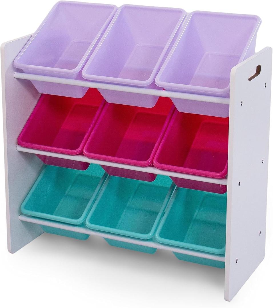Humble Crew 12-Bin Toy Organizer White/Grey Gradient Ombre Frame with Chalkboard, Eraser & Chalk, Multi-Tier Storage for Kids' Playrooms and Nurseries, White/Pink/Purple/Aqua