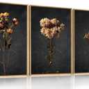HOURIA Moody Boho Floral Framed Canvas Wall Art Set, Vintage Black Flower Wall Decor, Mid Century Minimalist Wildflower Artwork, Nature Retro Botanical Art Print for Living Room, Bedroom, Office- 16"x24"x3