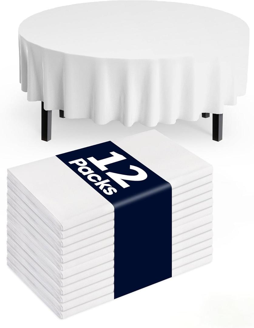 Pureegg Plastic Table Cloth Disposable 12 Pack, 84'' Round Table Cloths, Party, Picnic, Wedding, Decorative Tablecloths, Round, White Plastic Cover, Leakproof & Sturdy, White
