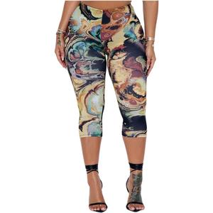 GORGLITTER Women's Marble Print Capri Leggings High Waisted Yoga Cropped Pants (Large, Multicolor)