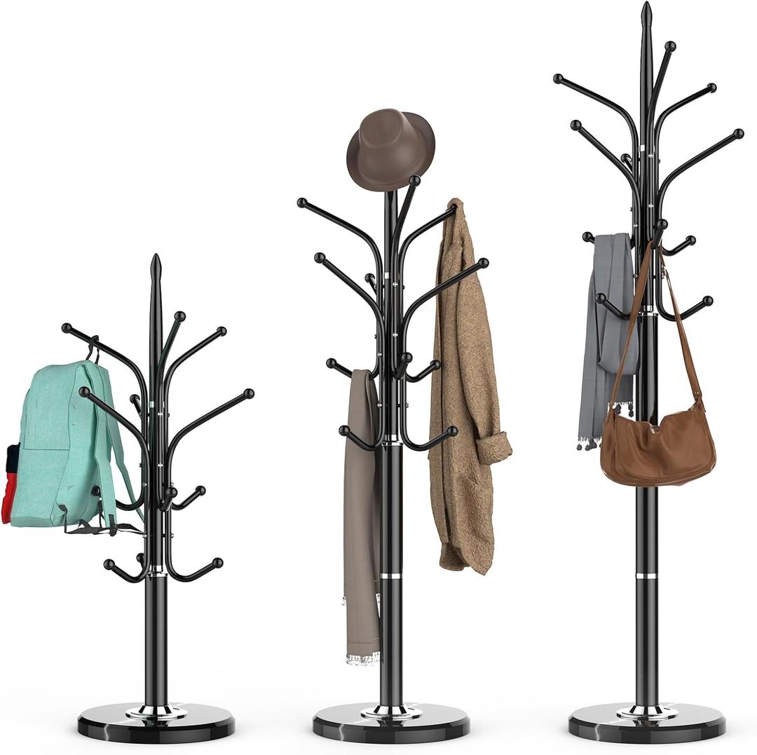 HzTinT Heavy Duty Coat Rack with Marble Base, Freestanding Hall Coat Tree with 12 Hooks and 3 Adjustable Sizes, Metal Coat Rack Stand for Entryway, Bedroom, Office Hanging Purses, Coats, Scarves, Hats (Black)