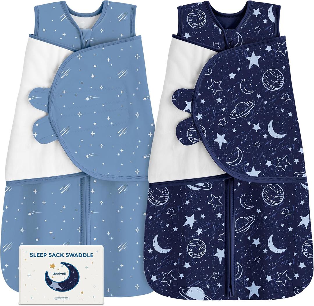 Unnivoll Newborn Sleep Sack Swaddle 100% Cotton Baby Swaddle 0-3 Months, 3-Way Adjustable Wearable Blanket, TOG 0.5, 2 Pack for Baby Boy Girl Dark Blue Planet