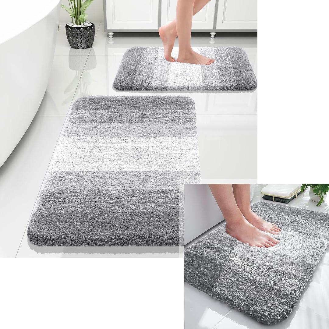 OLANLY Ombre Bath Rug and Bathroom Rugs Sets 1 Piece, Bath Rug Size 24x16 and Bathroom Rug Set Size 24x16+30x20 in Light Grey, 3 Item Bundle