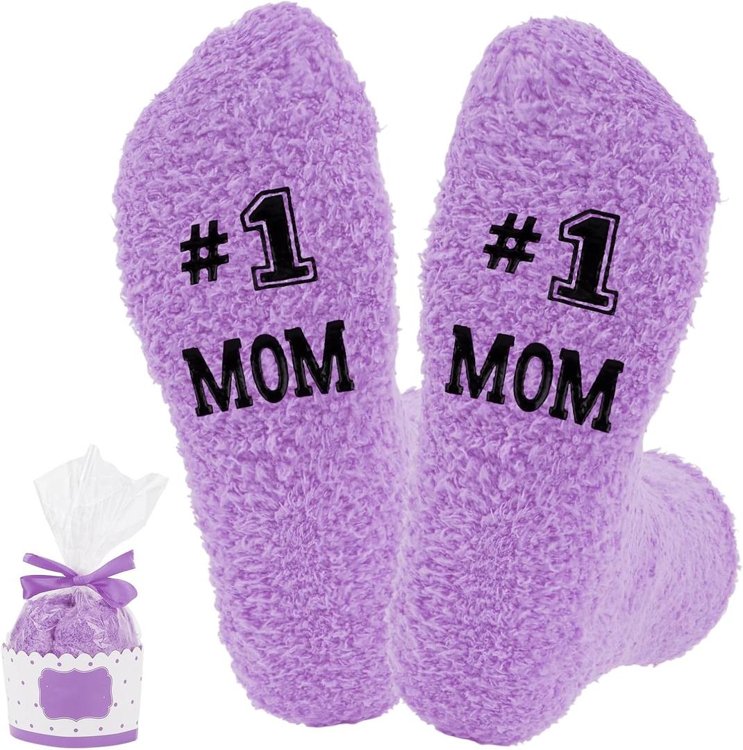 #1 Mom Coral Fleece Slipper Socks with Cupcake Gift Box Mom, Grandma, Niece, Aunt, Sister, Daughter Gifts(Hot Pink/Purple) (Purple)
