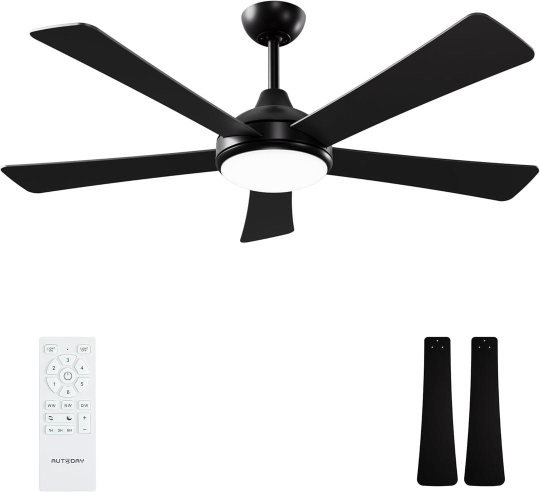 52 Inch Ceiling Fans with Lights and Remote - Black Ceiling Fan with Light, Quiet Reversible DC Motor, Dimmable Tri-Color LED, 5 Blades, Modern Indoor/Outdoor Ceiling Fans for Patios Bedroom