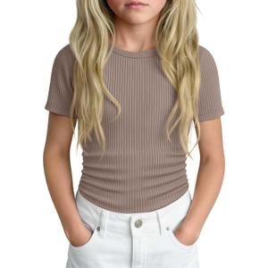 Girls Ribbed Short Sleeve T-Shirt | Crew Neck, Ribbed, Solid, Slim, Basic Layer Tops, Summer, Casual School Outfits, Trendy, Kids, Tween, Teen Youth (Beige)
