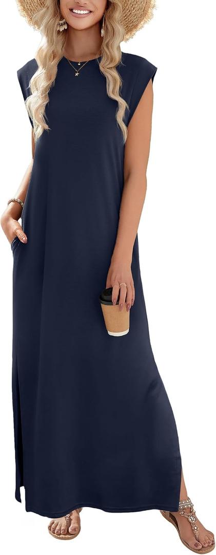 Zeagoo Summer Dresses for Women 2026 Black Long Maxi Sundresses Loose Split Wrinkle-Free Beach Travel Vacation Clothes (Medium, Blue)