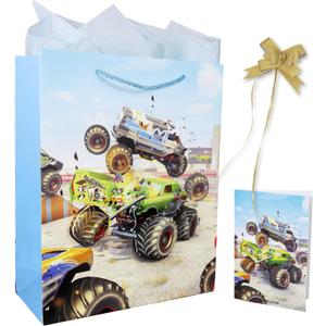 5 x AOKELEON 12.6" Large 3D Monster Truck Gift Bag with Tissue Paper, Greeting Card and Pull Bow for Boys' Birthday, Kids' PartiesBaby ShowersShopping and Party Supplies (Monster Truck)