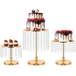 Metal Mirror Cake Stand Set with Crystal Pendants - Elegant Dessert Table Display for Weddings, Birthday Parties, Baby Showers, Events - Sturdy Crystal Bling Cupcake Stands for Pastries, Sweets, Decorations (Gold, Set of 3)