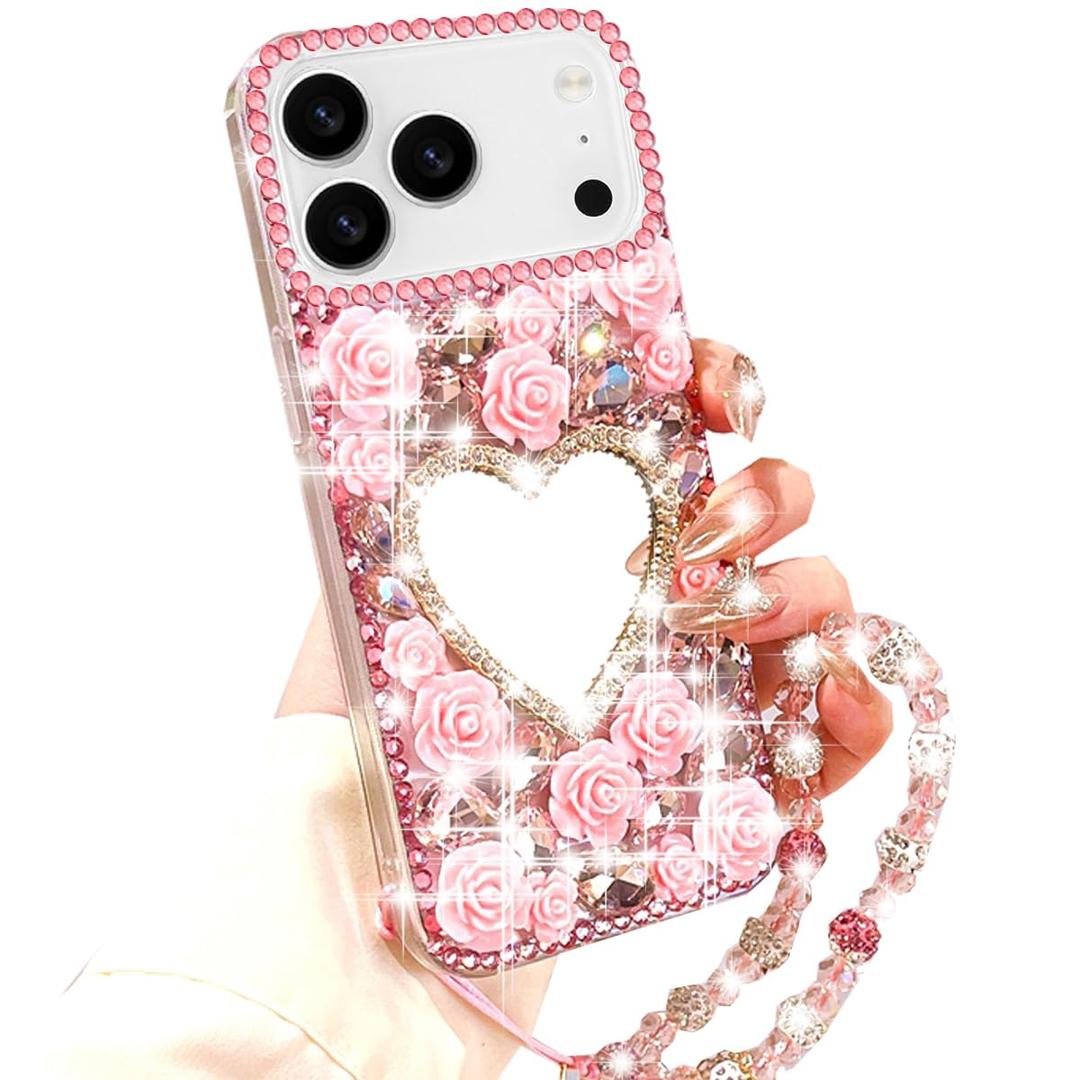 for iPhone 17 Pro Max Glitter Bling Case,Cute 3D Sparkle Heart Makeup Mirror Crystal Rhinestones Flowers Diamond Gems with Lanyard Wrist Strap Women Girls Case for iPhone 17 Pro Max 6.9",Pink